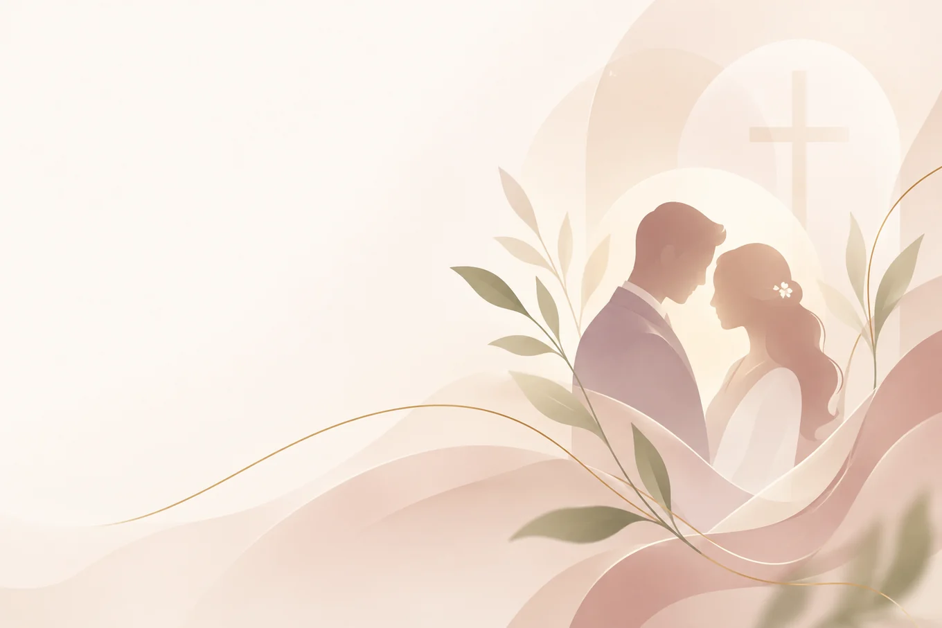 Soft abstract illustration of a couple before a cross, in gold and cream tones