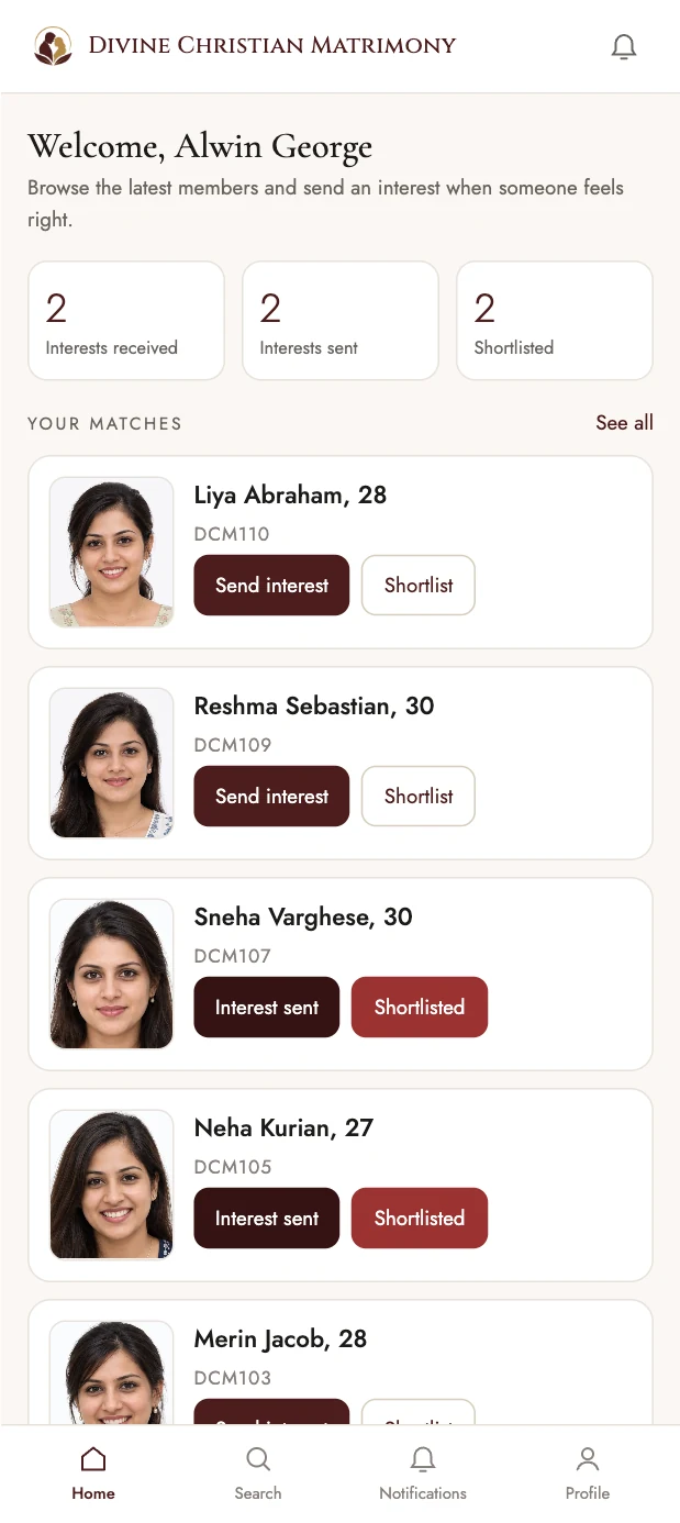 The Divine Christian Matrimony home screen: a member's counters and their latest matches